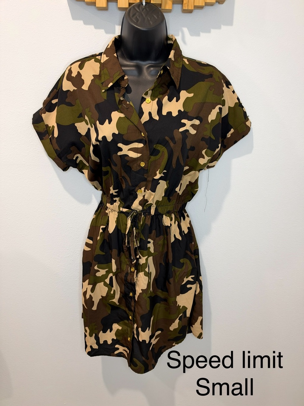 Speed Limit 98 Green and Tan Camo Drawstring Shirt Dress